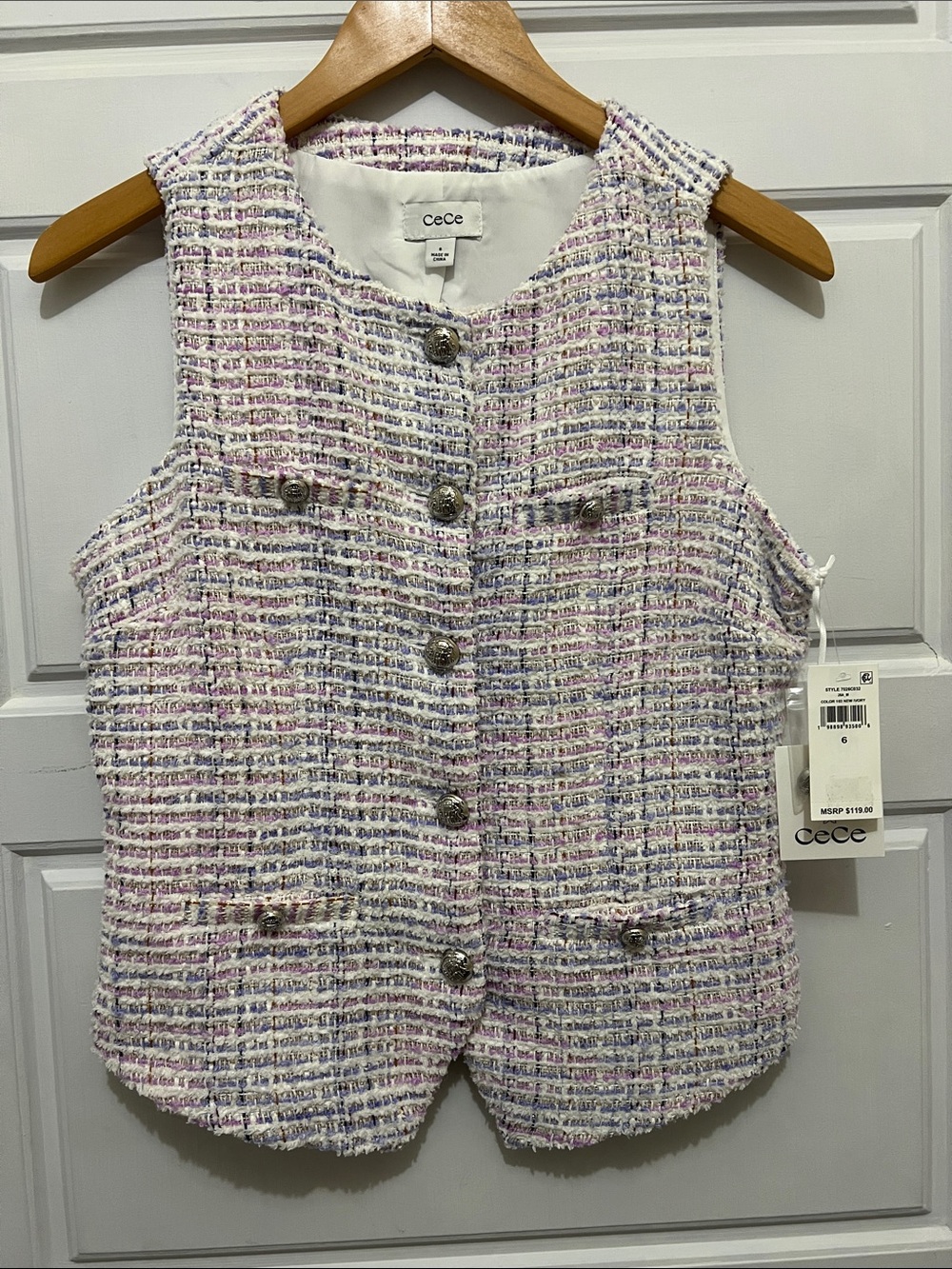 CeCe Pastel Tweed Vest in Pink, Purple & White